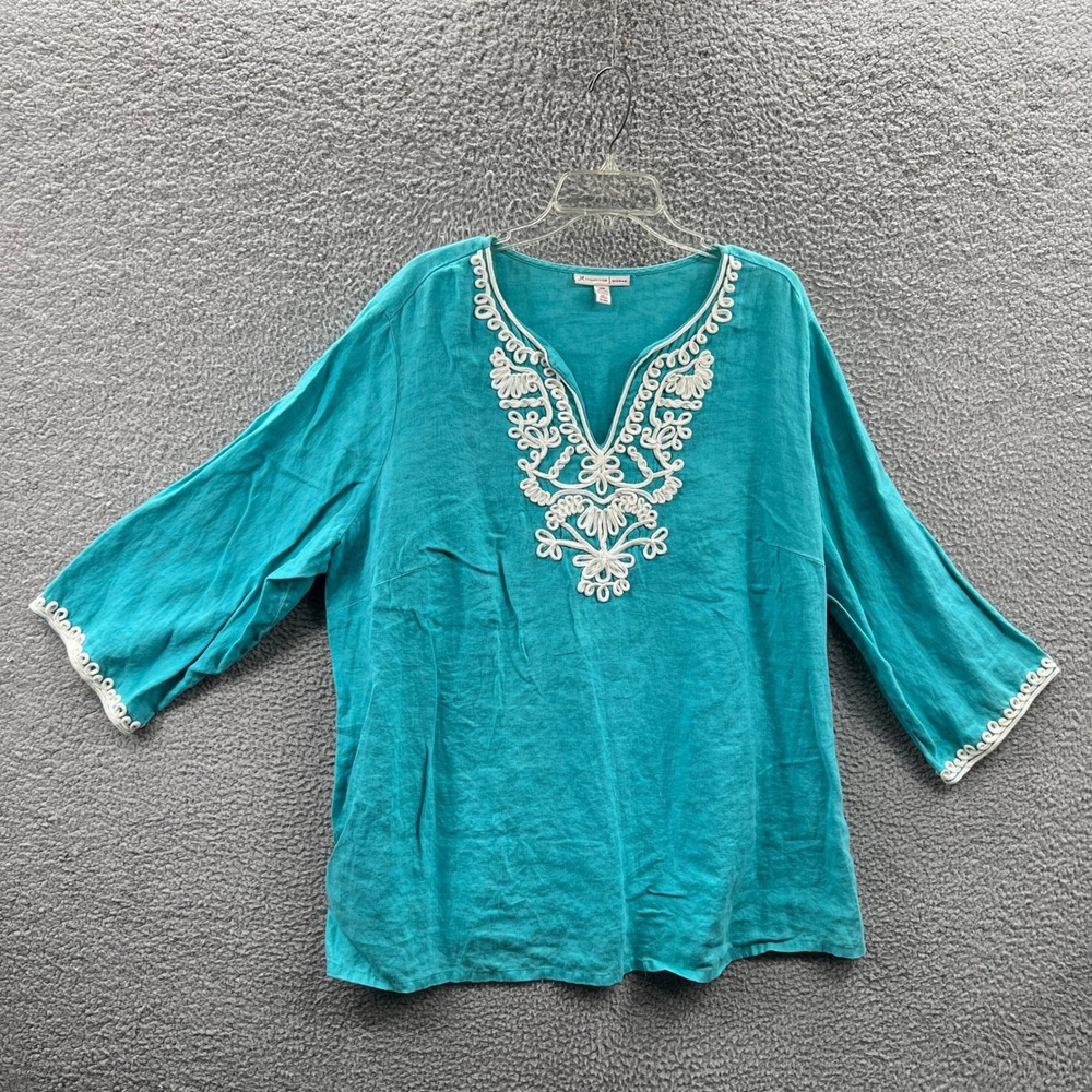 Womens Linen Boho Tunic Top 24W Embroidered Coastal Resort Vacation Cottagecore